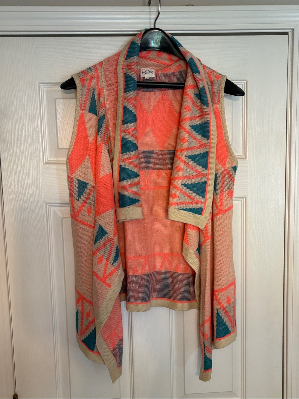 Sleeveless Open-Front Aztec Knit Vest - Coral, Teal & Beige
